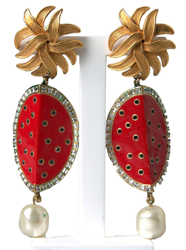 Dolce & Gabbana Red Watermelon Gold Brass Crystal Clip Dangling Earrings - Ellie Belle