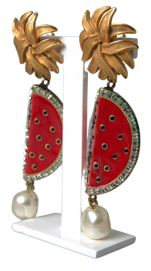 Dolce & Gabbana Red Watermelon Gold Brass Crystal Clip Dangling Earrings - Ellie Belle