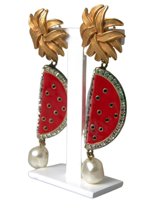 Dolce & Gabbana Red Watermelon Gold Brass Crystal Clip Dangling Earrings - Ellie Belle