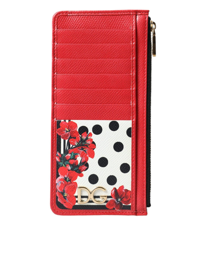 Dolce & Gabbana Red White Leather DG Logo Zip Card Holder Wallet - Ellie Belle