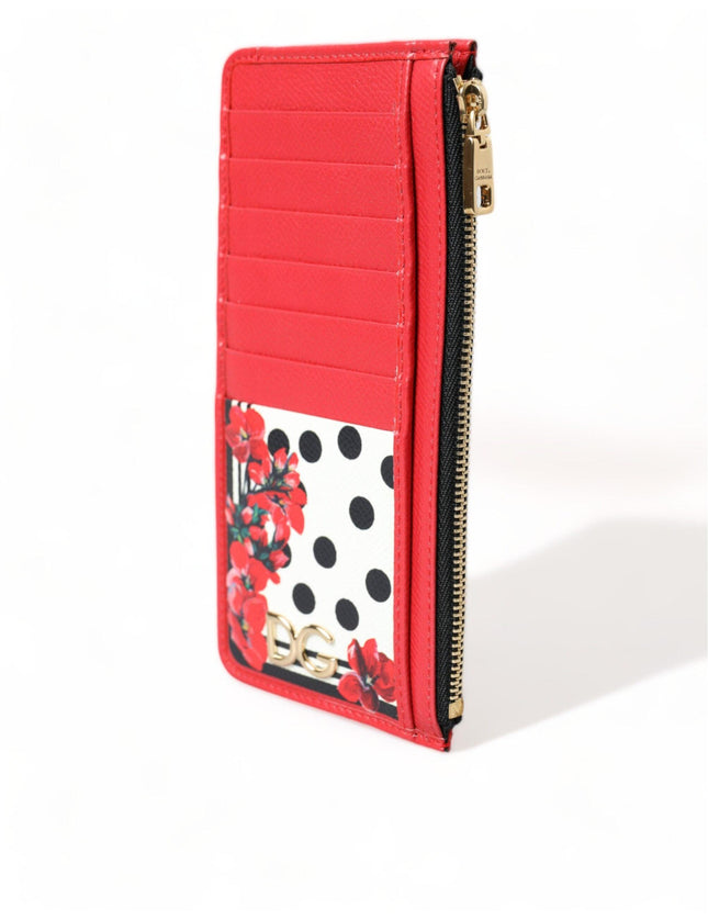 Dolce & Gabbana Red White Leather DG Logo Zip Card Holder Wallet - Ellie Belle
