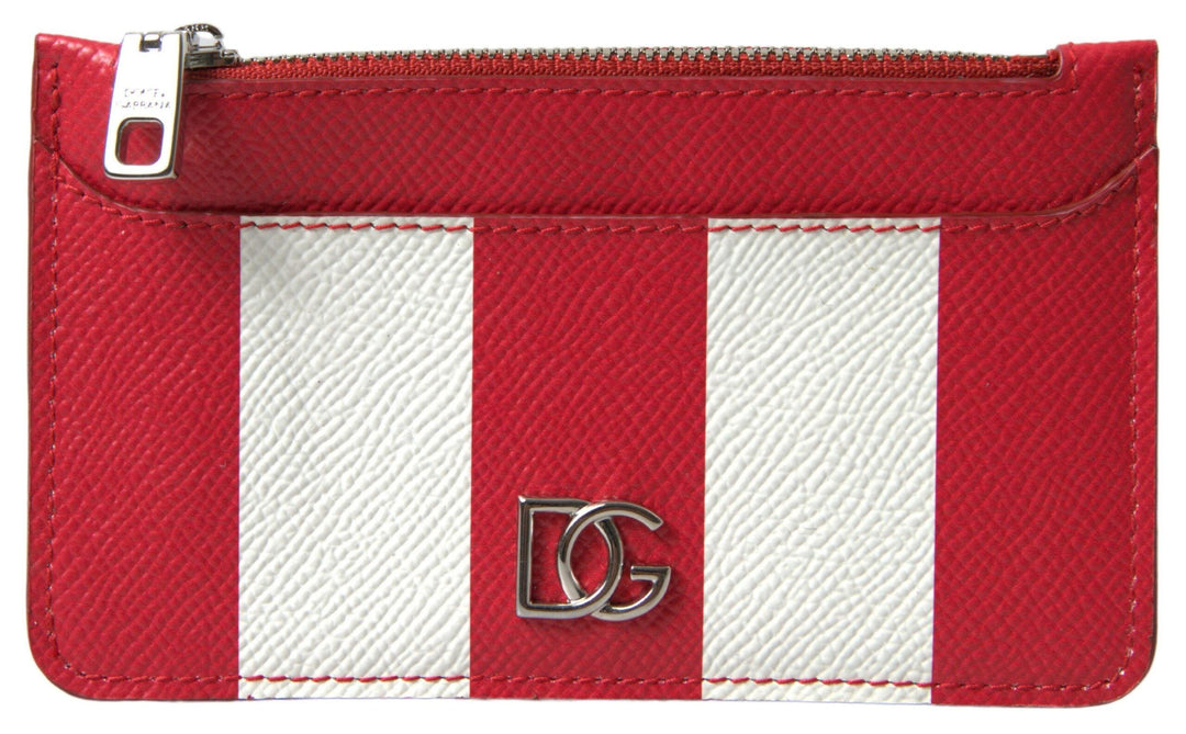 Dolce & Gabbana Red White Leather DG Logo Zip Card Holder Women Wallet - Ellie Belle