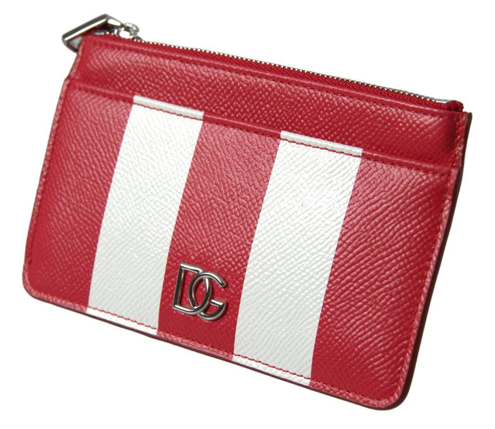 Dolce & Gabbana Red White Leather DG Logo Zip Card Holder Women Wallet - Ellie Belle