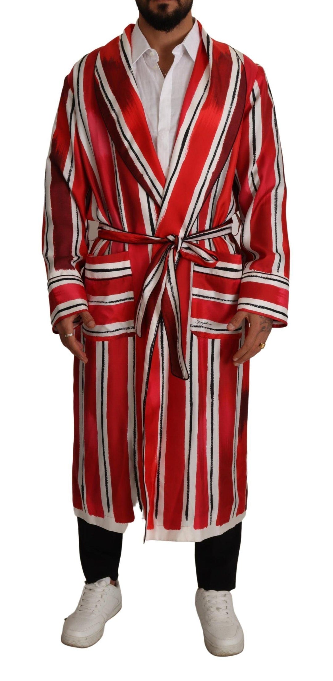 Dolce & Gabbana Red White Striped Silk Mens Night Gown Robe - Ellie Belle