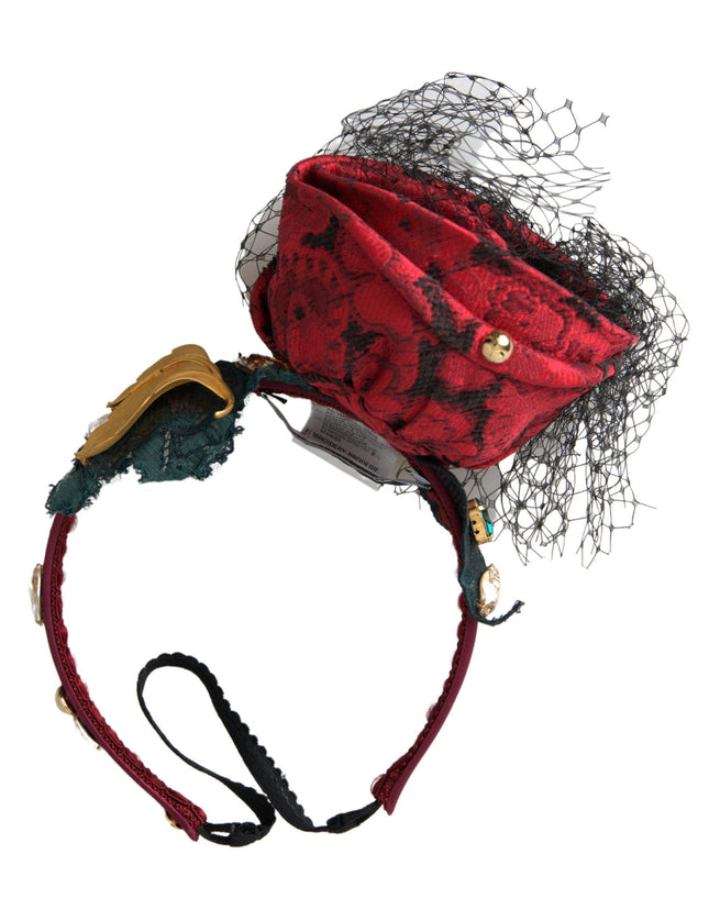 Dolce & Gabbana Red with multicolor Rose Silk Crystal Netted Logo Diadem Headband - Ellie Belle