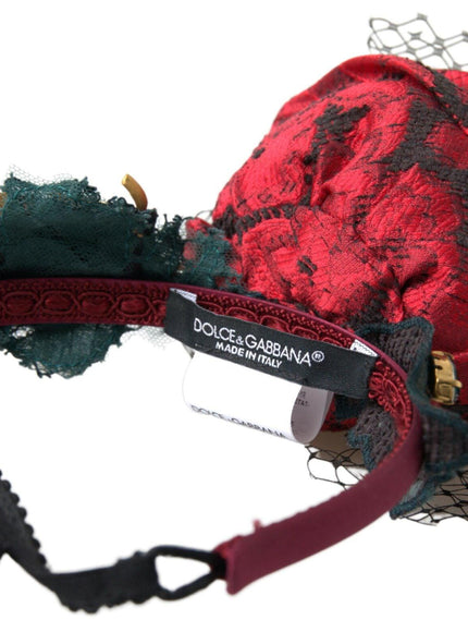 Dolce & Gabbana Red with multicolor Rose Silk Crystal Netted Logo Diadem Headband