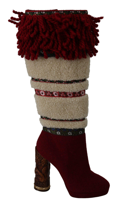 Dolce & Gabbana Red Wool Shearling Wooden Booties Boots Shoes - Ellie Belle