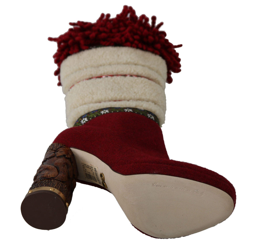 Dolce & Gabbana Red Wool Shearling Wooden Booties Boots Shoes - Ellie Belle