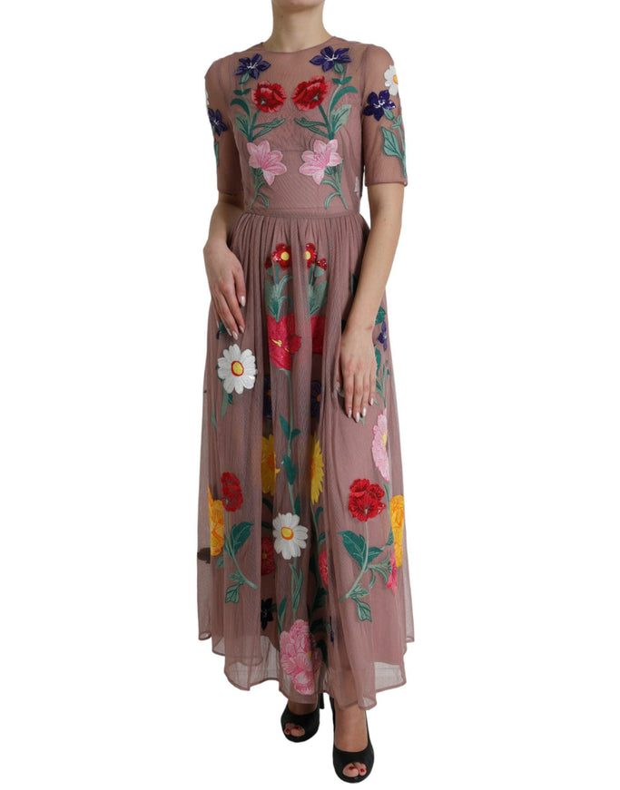 Dolce & Gabbana Rose Gold Floral Embroidery Long Maxi Dress - Ellie Belle