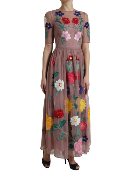 Dolce & Gabbana Rose Gold Floral Embroidery Long Maxi Dress - Ellie Belle