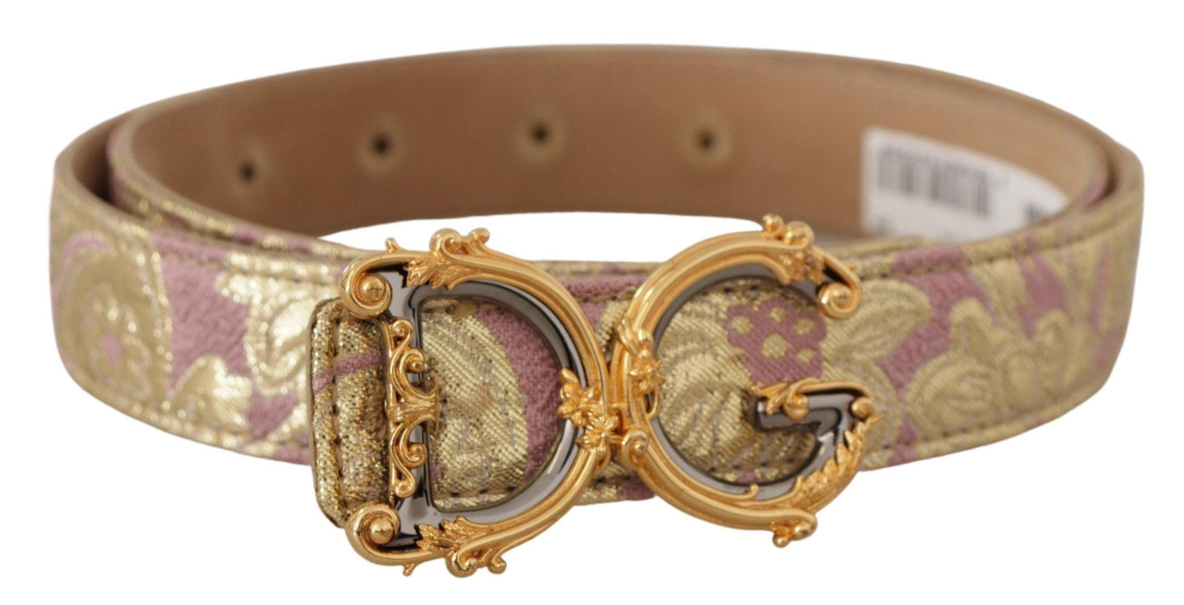 Dolce & Gabbana Rose Pink Jacquard DG Logo Gold Metal Buckle Belt - Ellie Belle