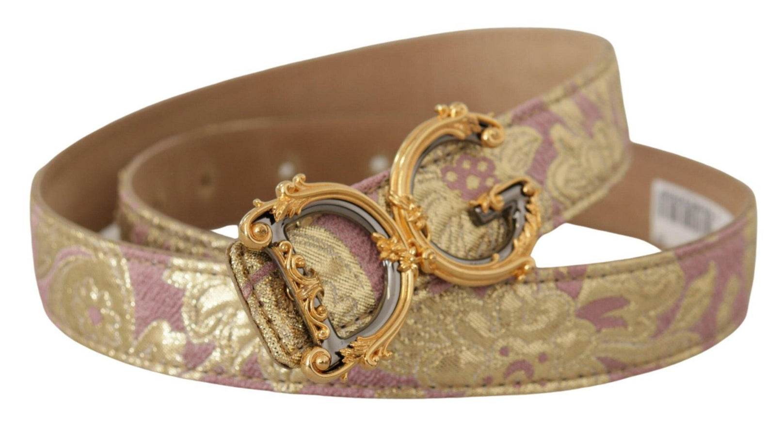 Dolce & Gabbana Rose Pink Jacquard DG Logo Gold Metal Buckle Belt - Ellie Belle