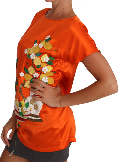 Dolce & Gabbana Silk Orange Lemon Crystal T-shirt Top - Ellie Belle