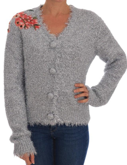 Dolce & Gabbana Silver Cardigan Floral Applique Sweater