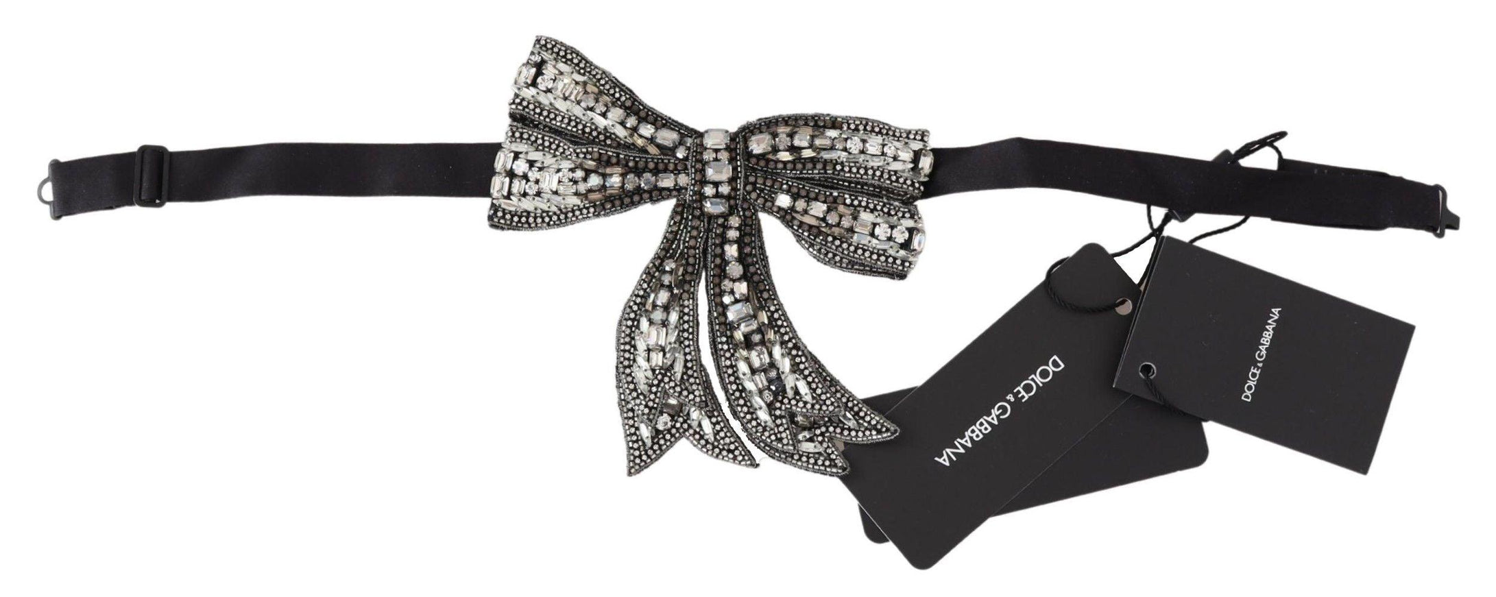 Dolce & Gabbana Silver Crystal Beaded Sequined Silk Catwalk Necklace Bowtie - Ellie Belle