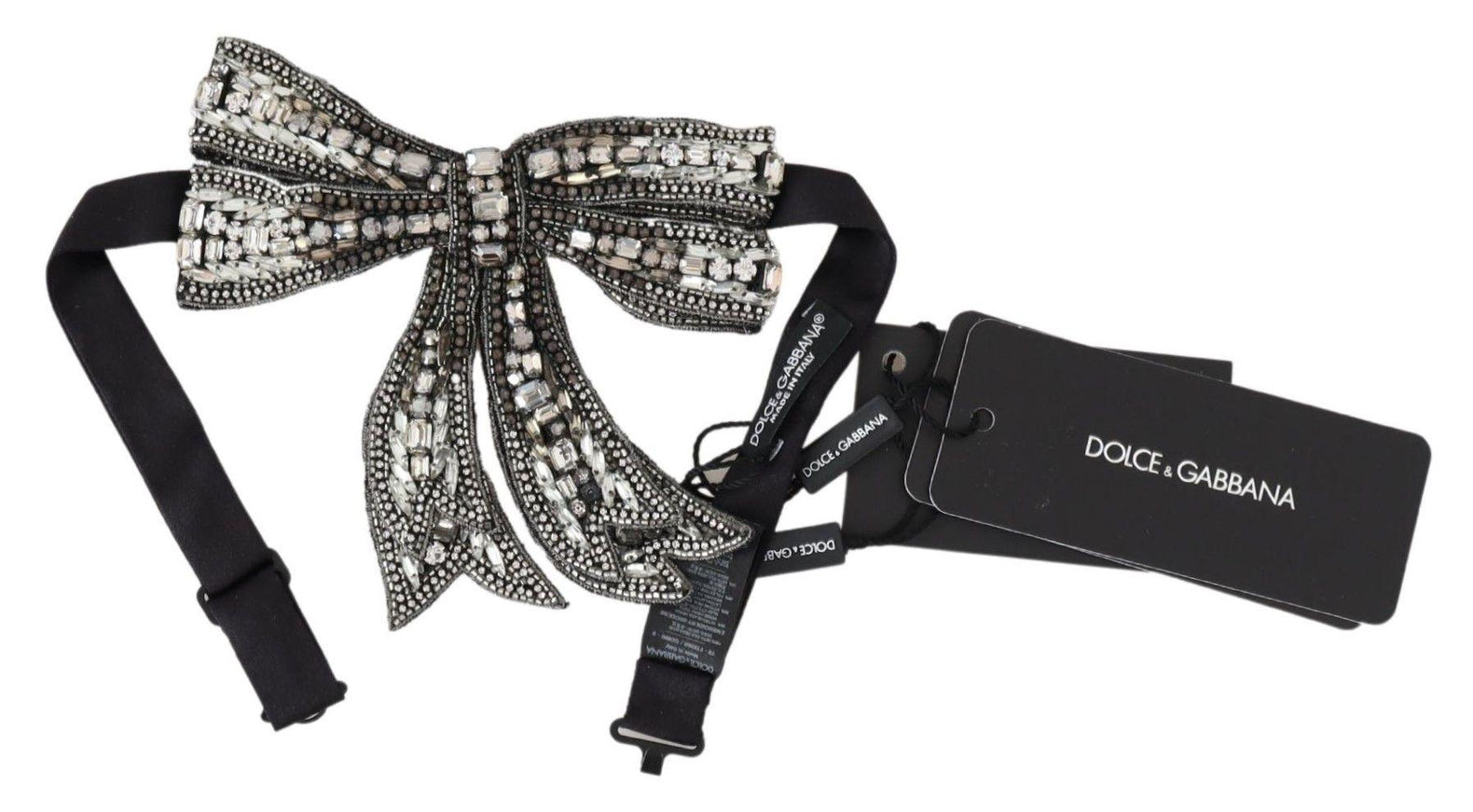 Dolce & Gabbana Silver Crystal Beaded Sequined Silk Catwalk Necklace Bowtie - Ellie Belle