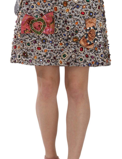 Dolce & Gabbana Silver Crystal Bow High Waist Mini Skirt - Ellie Belle