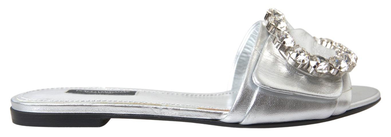 Dolce & Gabbana Silver Crystal Embellished Slides Flat Shoes - Ellie Belle