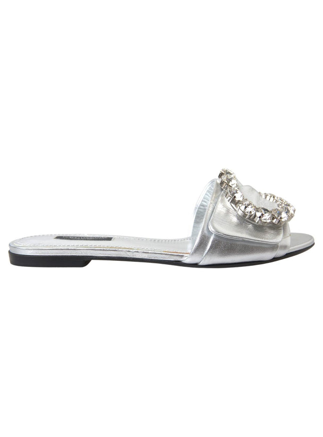 Dolce & Gabbana Silver Crystal Embellished Slides Flat Shoes - Ellie Belle