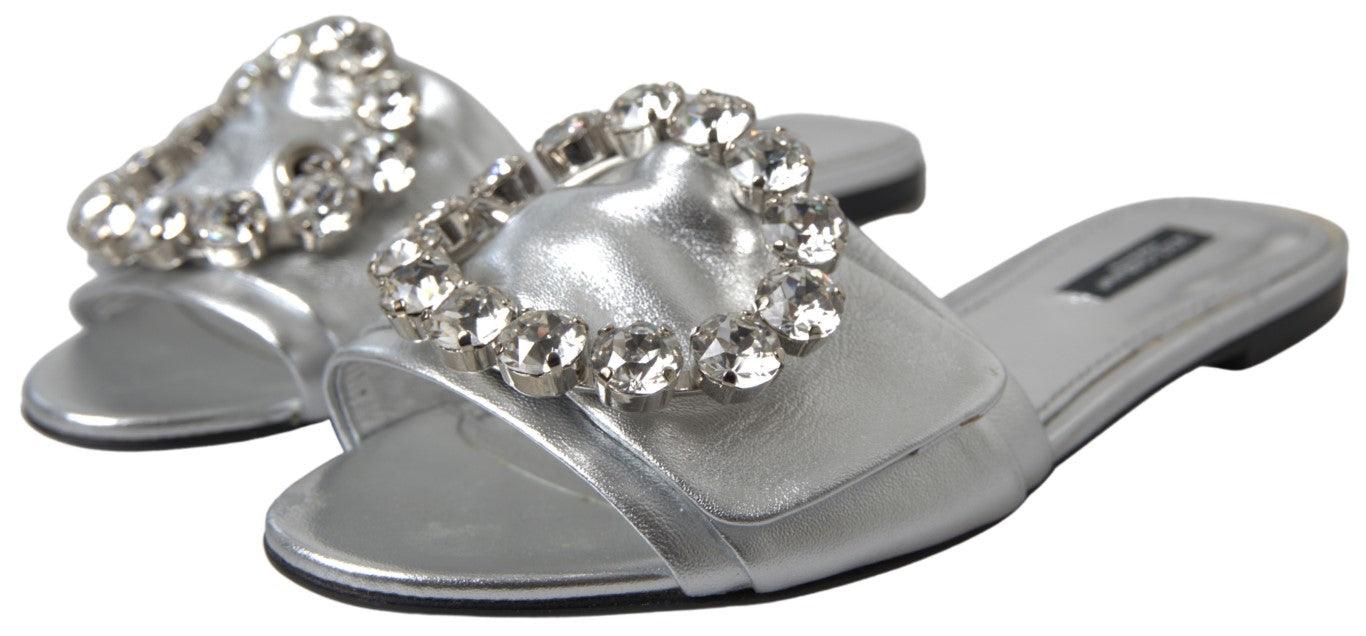 Dolce & Gabbana Silver Crystal Embellished Slides Flat Shoes - Ellie Belle