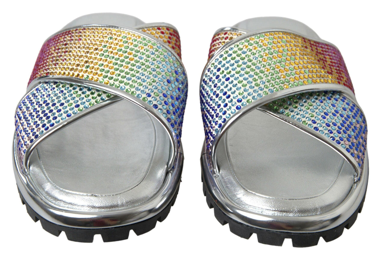 Dolce & Gabbana Silver Crystal Leather Flat Slides Men Shoes - Ellie Belle