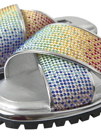 Dolce & Gabbana Silver Crystal Leather Flat Slides Men Shoes - Ellie Belle