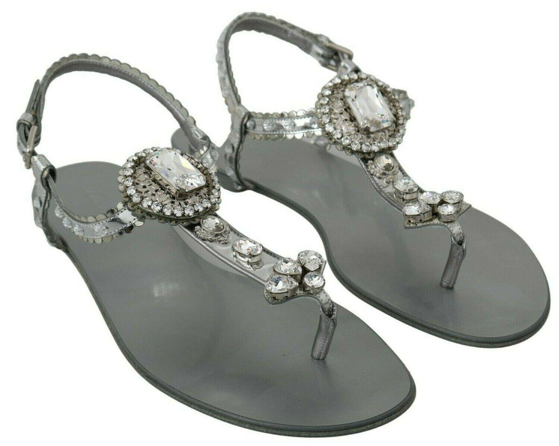 Dolce & Gabbana Silver Crystal Sandals Flip Flops Shoes - Ellie Belle