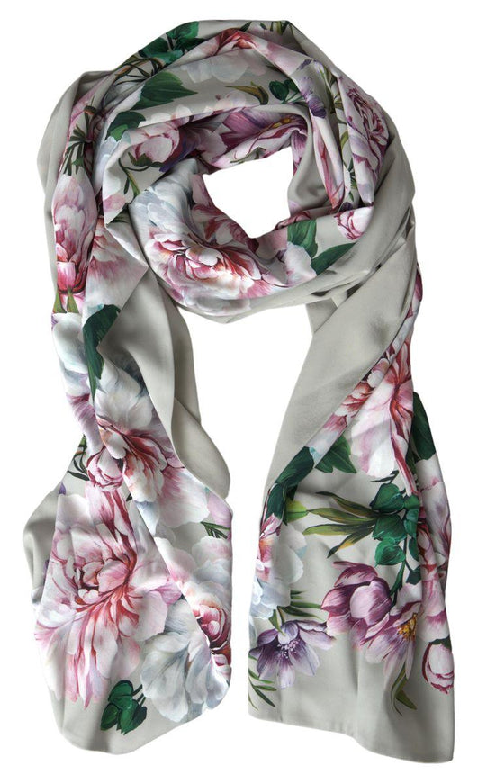 Dolce & Gabbana Silver Floral Silk Shawl Foulard Wrap Scarf - Ellie Belle