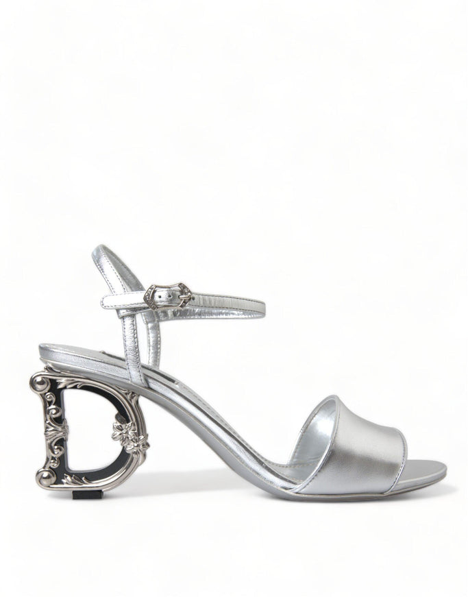 Dolce & Gabbana Silver Leather Baroque Heel Sandals Shoes - Ellie Belle