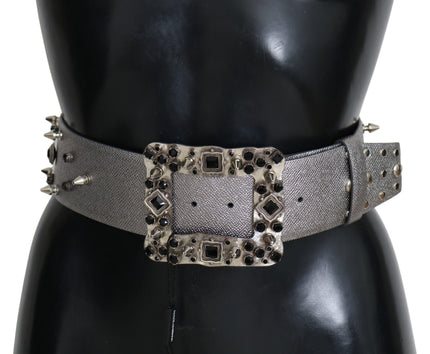 Dolce & Gabbana Silver Leather Crystal Stud Logo Buckle Belt - Ellie Belle