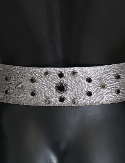 Dolce & Gabbana Silver Leather Crystal Stud Logo Buckle Belt - Ellie Belle