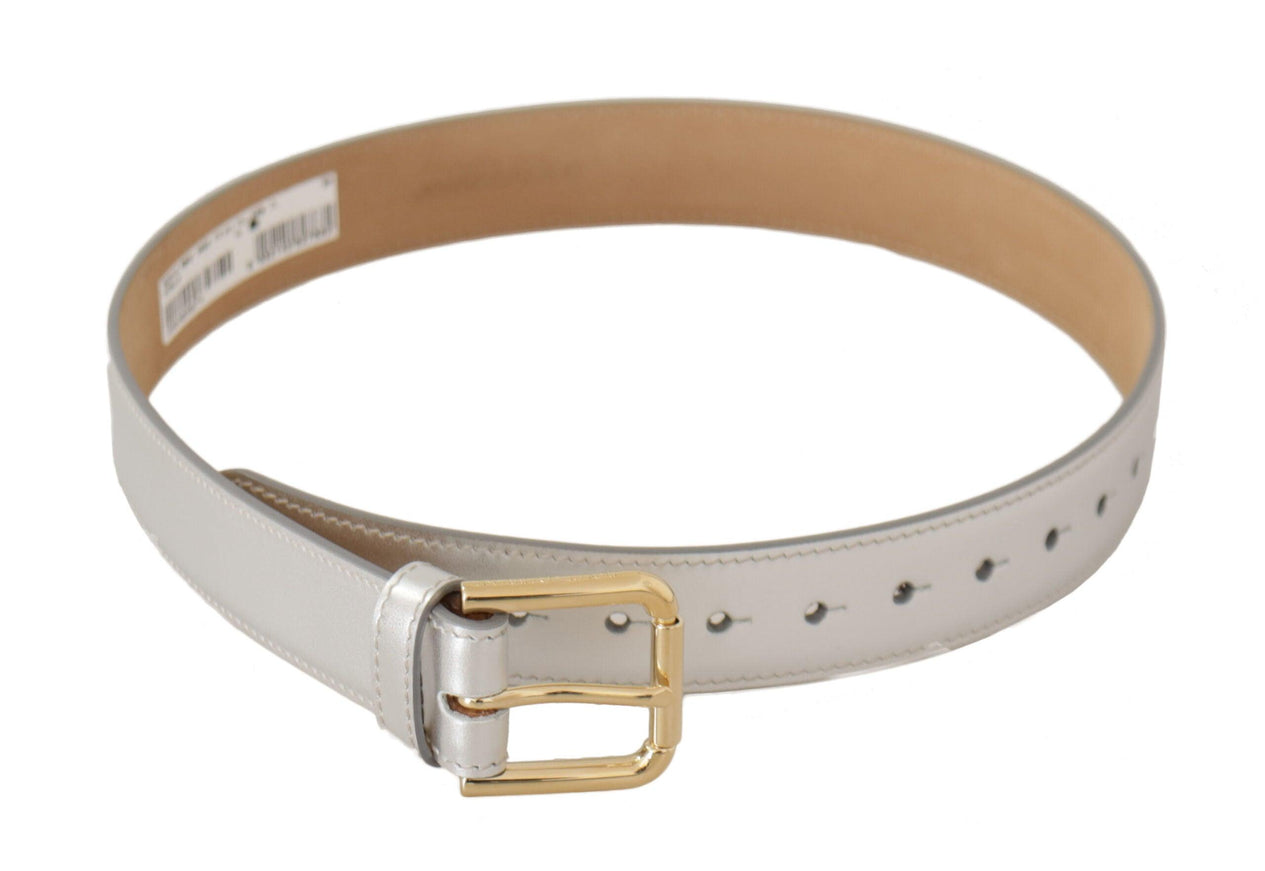 Dolce & Gabbana Silver Leather Gold Tone Logo Metal Buckle Belt - Ellie Belle