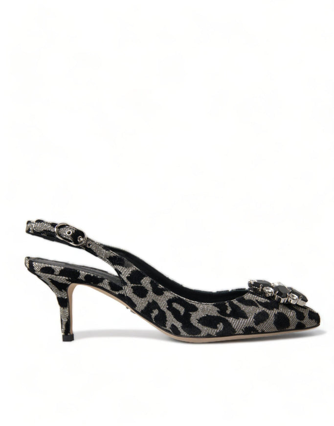 Dolce & Gabbana Silver Leopard Crystal Slingback Pumps Shoes - Ellie Belle