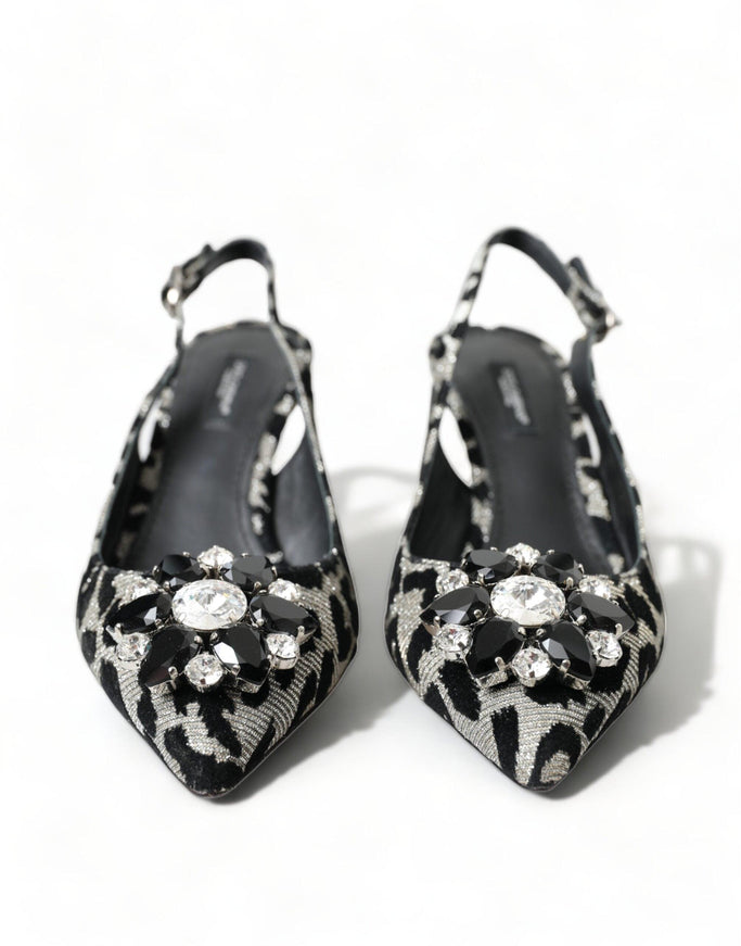 Dolce & Gabbana Silver Leopard Crystal Slingback Pumps Shoes - Ellie Belle