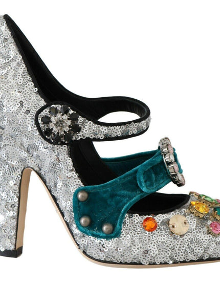 Dolce & Gabbana Silver Sequined Crystal Mary Janes Pumps - Ellie Belle