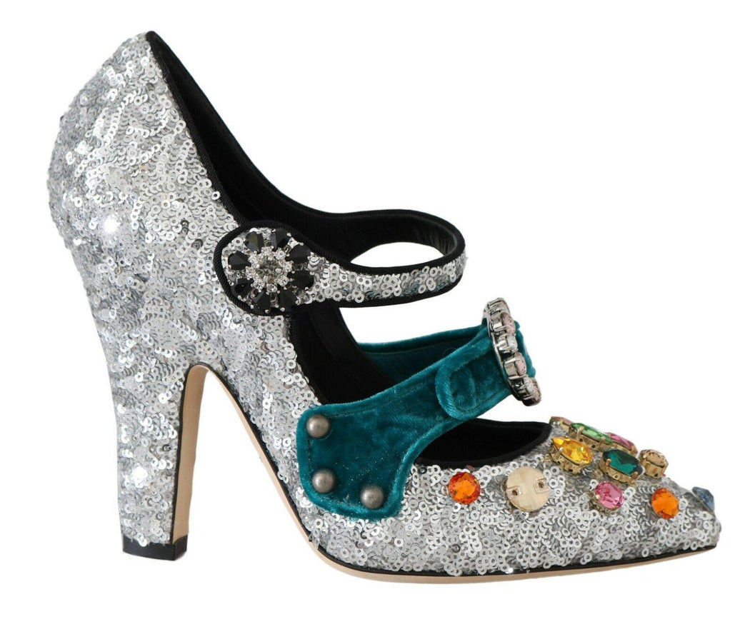 Dolce & Gabbana Silver Sequined Crystal Mary Janes Pumps - Ellie Belle