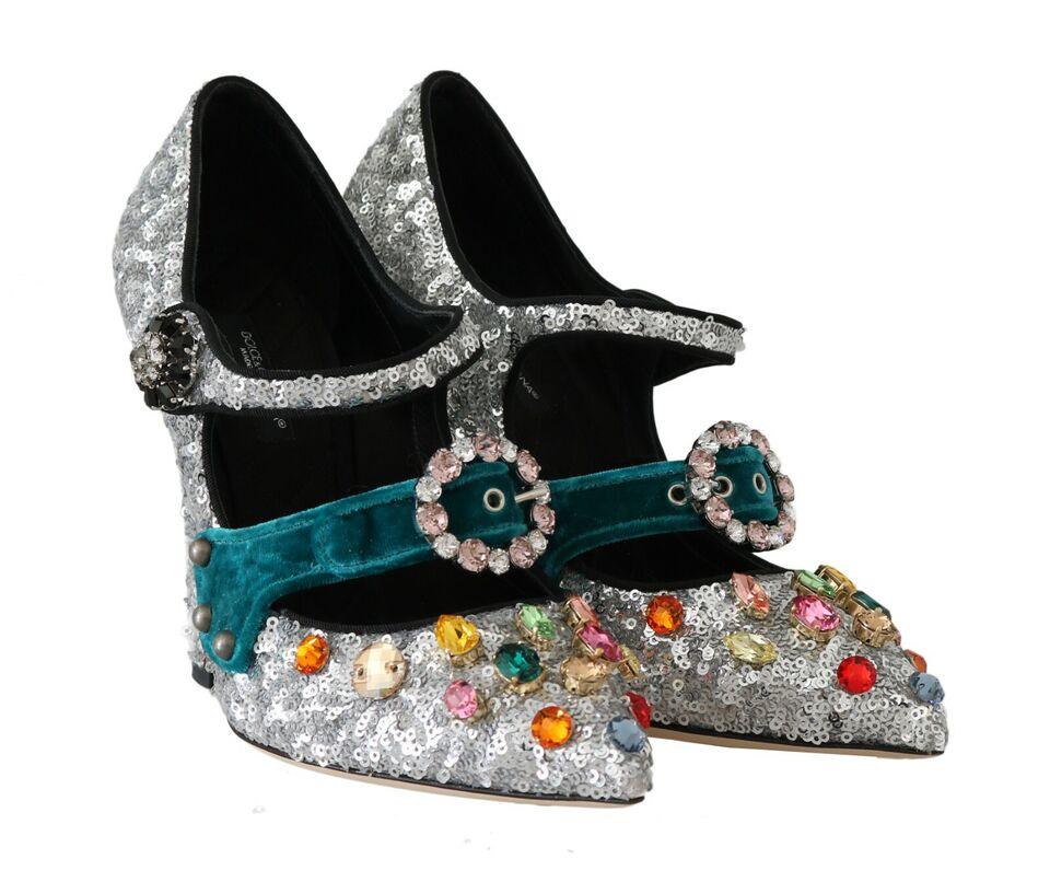 Dolce & Gabbana Silver Sequined Crystal Mary Janes Pumps - Ellie Belle