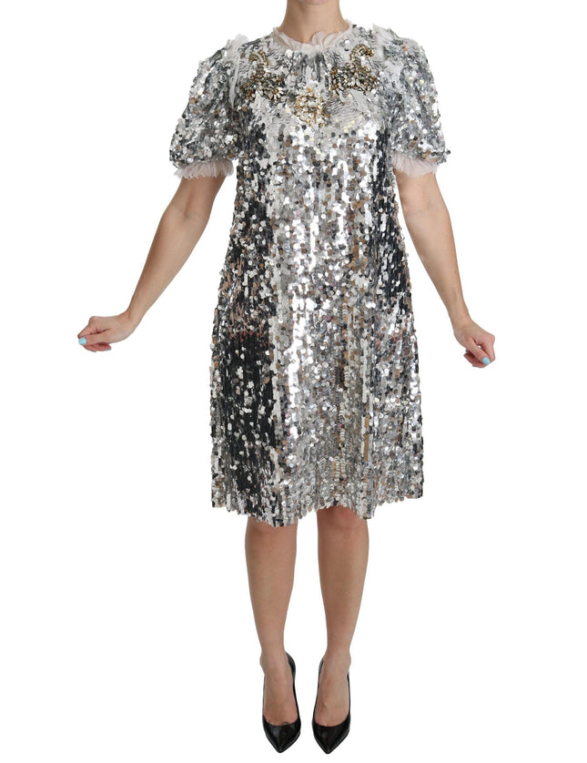 Dolce & Gabbana Silver Sequined Crystal Shift Gown Dress - Ellie Belle