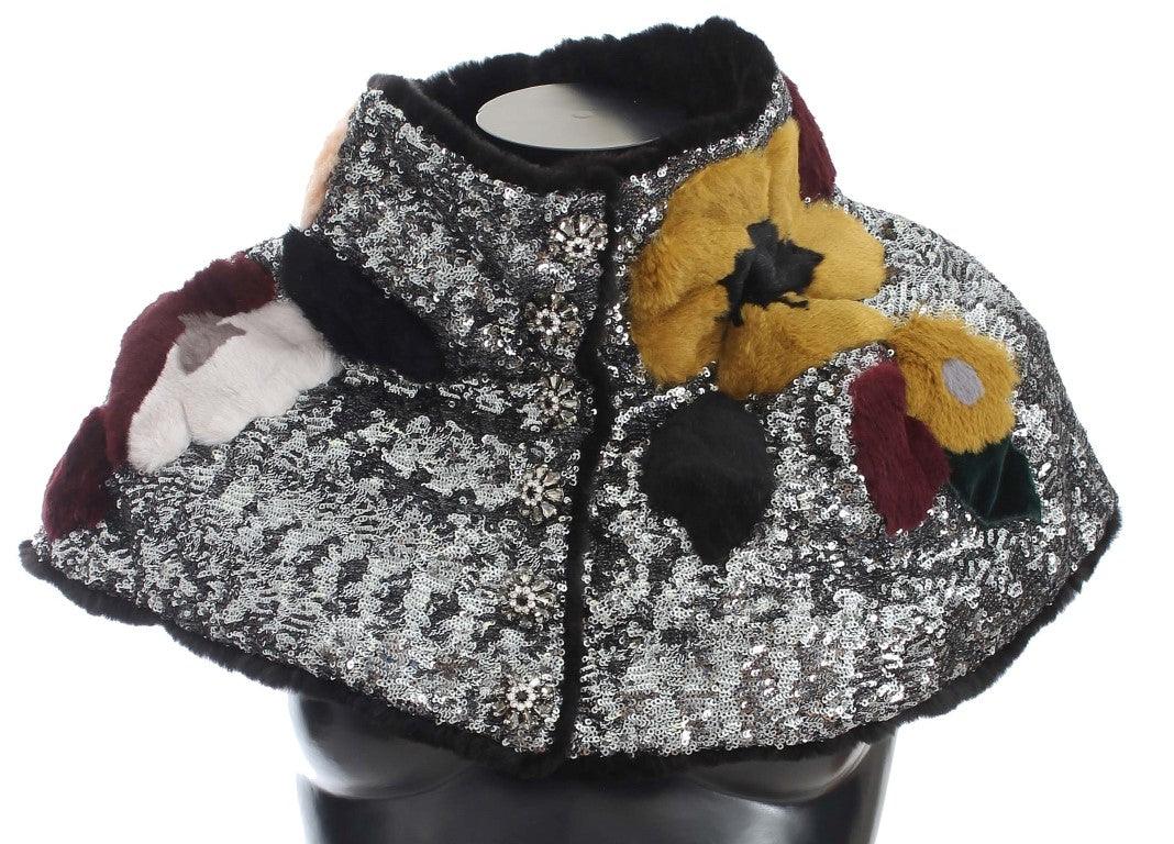 Dolce & Gabbana Silver Sequined Floral Weasel Fur Shoulder Scarf Wrap - Ellie Belle