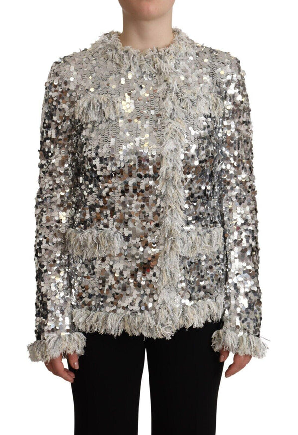 Dolce & Gabbana Silver Sequined Shearling Long Sleeves Jacket - Ellie Belle