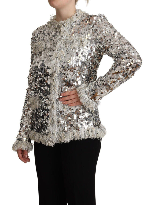 Dolce & Gabbana Silver Sequined Shearling Long Sleeves Jacket - Ellie Belle