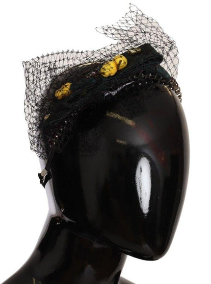 Dolce & Gabbana Silver Tiara Crystals Fruits Black Mesh Diadem Headband - Ellie Belle