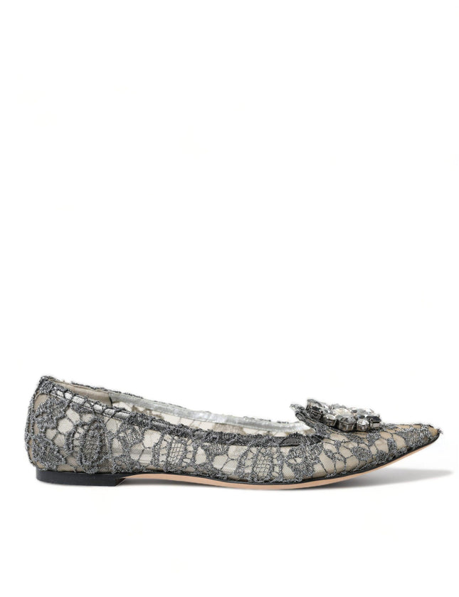 Dolce & Gabbana Silver Vally Taormina Lace Crystals Flat Shoes - Ellie Belle