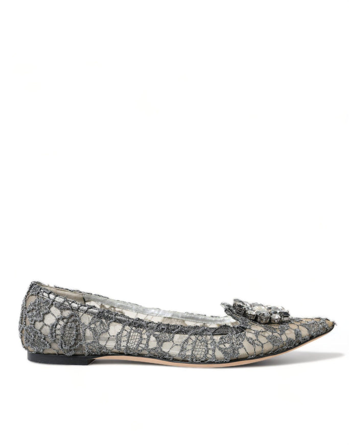 Dolce & Gabbana Silver Vally Taormina Lace Crystals Flat Shoes - Ellie Belle