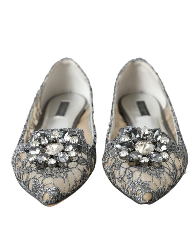 Dolce & Gabbana Silver Vally Taormina Lace Crystals Flat Shoes - Ellie Belle