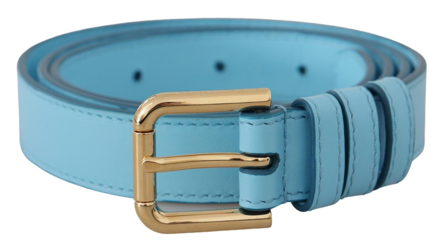 Dolce & Gabbana Sky Blue Leather Gold Tone Metal Logo Buckle Belt - Ellie Belle