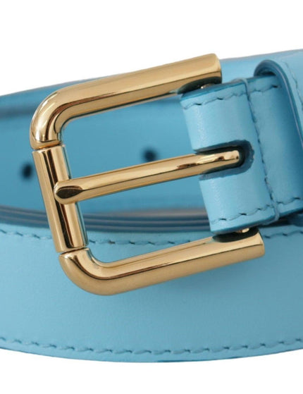 Dolce & Gabbana Sky Blue Leather Gold Tone Metal Logo Buckle Belt - Ellie Belle