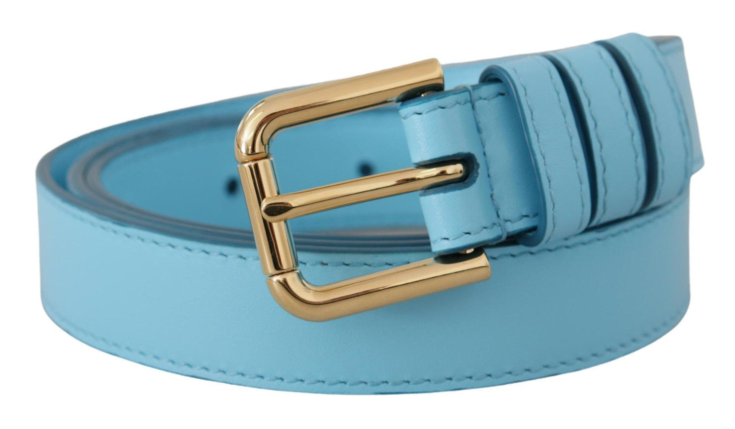 Dolce & Gabbana Sky Blue Leather Gold Tone Metal Logo Buckle Belt - Ellie Belle