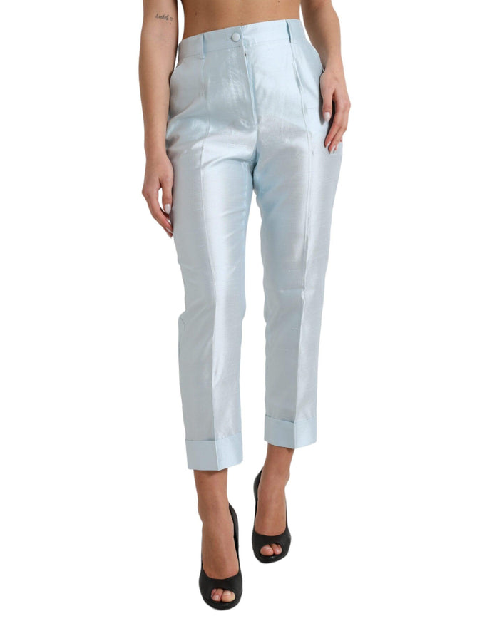 Dolce & Gabbana Sky Blue Silk High Waist Folded Hem Pants - Ellie Belle