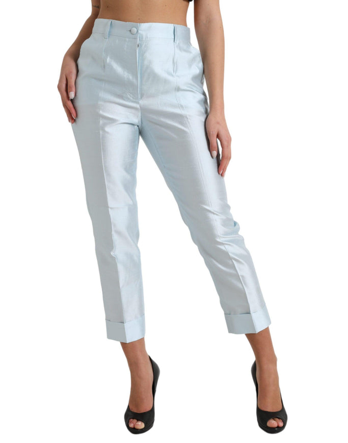 Dolce & Gabbana Sky Blue Silk High Waist Folded Hem Pants - Ellie Belle